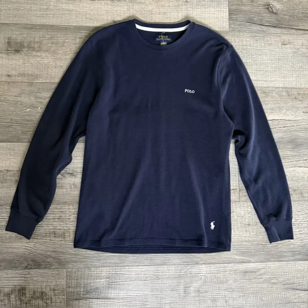 POLO RALPH LAUREN Large Navy Blue Waffle Knit Thermal Sleep Shirt Crewneck